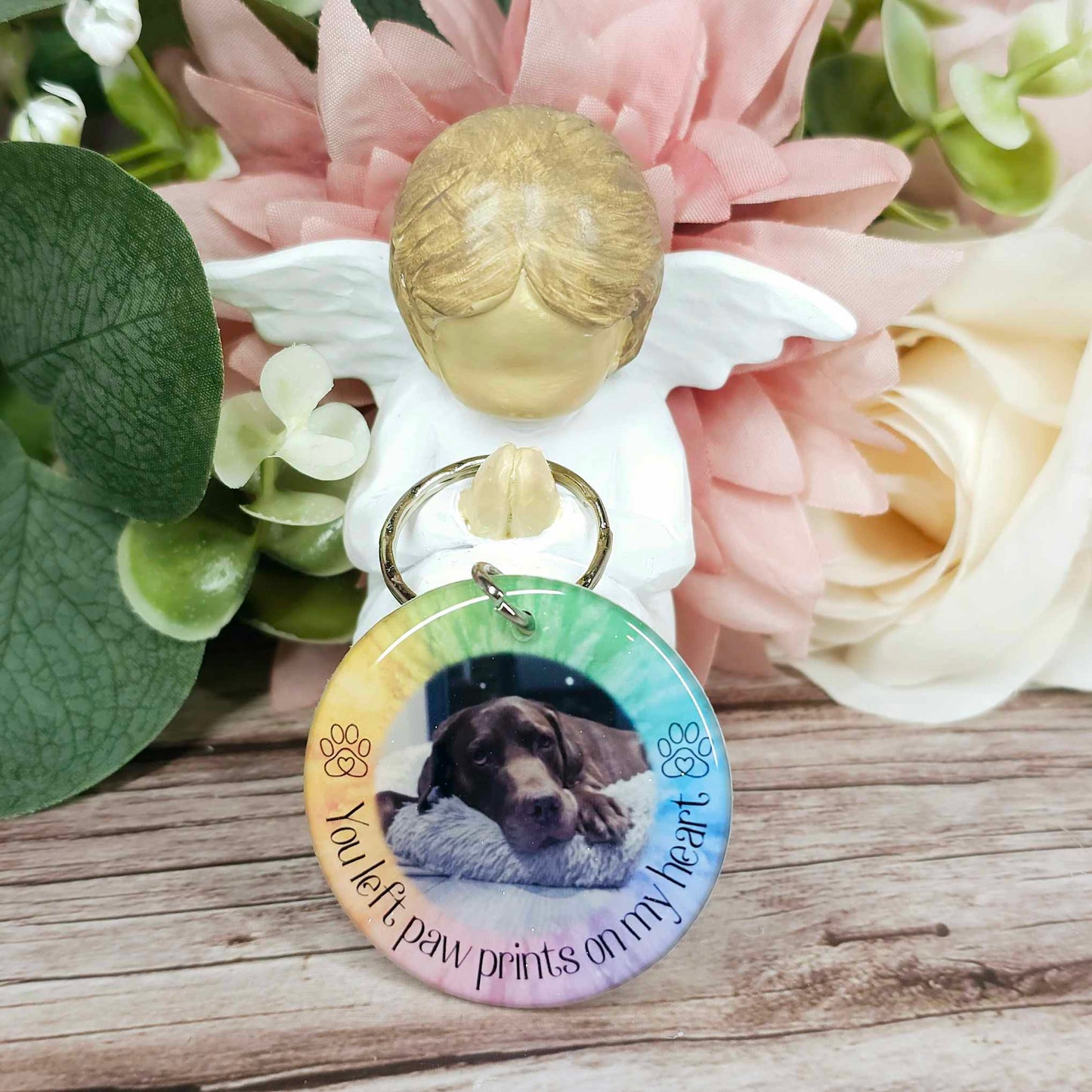 Personalised Pet Memorial Photo Keyring UK – “You Left Pawprints On My Heart” Dog Remembrance Gift
