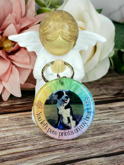 Personalised Pet Memorial Photo Keyring UK – “You Left Pawprints On My Heart” Dog Remembrance Gift